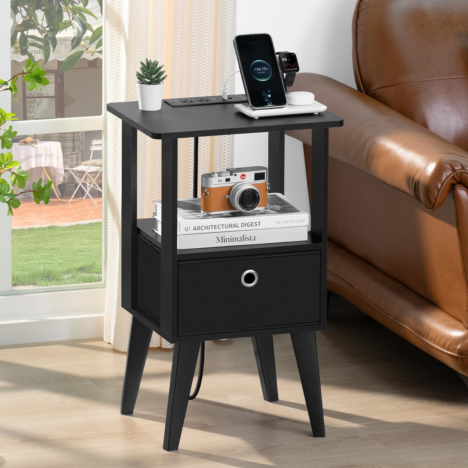 LELELINKY Nightstand with Charging Station,mid Century Modern Night Stand with Fabric Drawer and Open Storage Shelf, Bedside Table with USB Ports and Outlets, Small End Table for Bedroom, Black