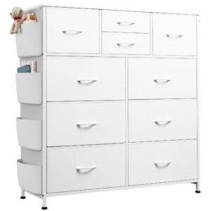 WLIVE White Dresser for Bedroom with 10 Drawers, Chest of Drawers with Side Pockets and Hooks, PU Storage Dresser, Sturdy Metal Frame, Drawers Organizer Unit for Living Room, Hallway, Closet