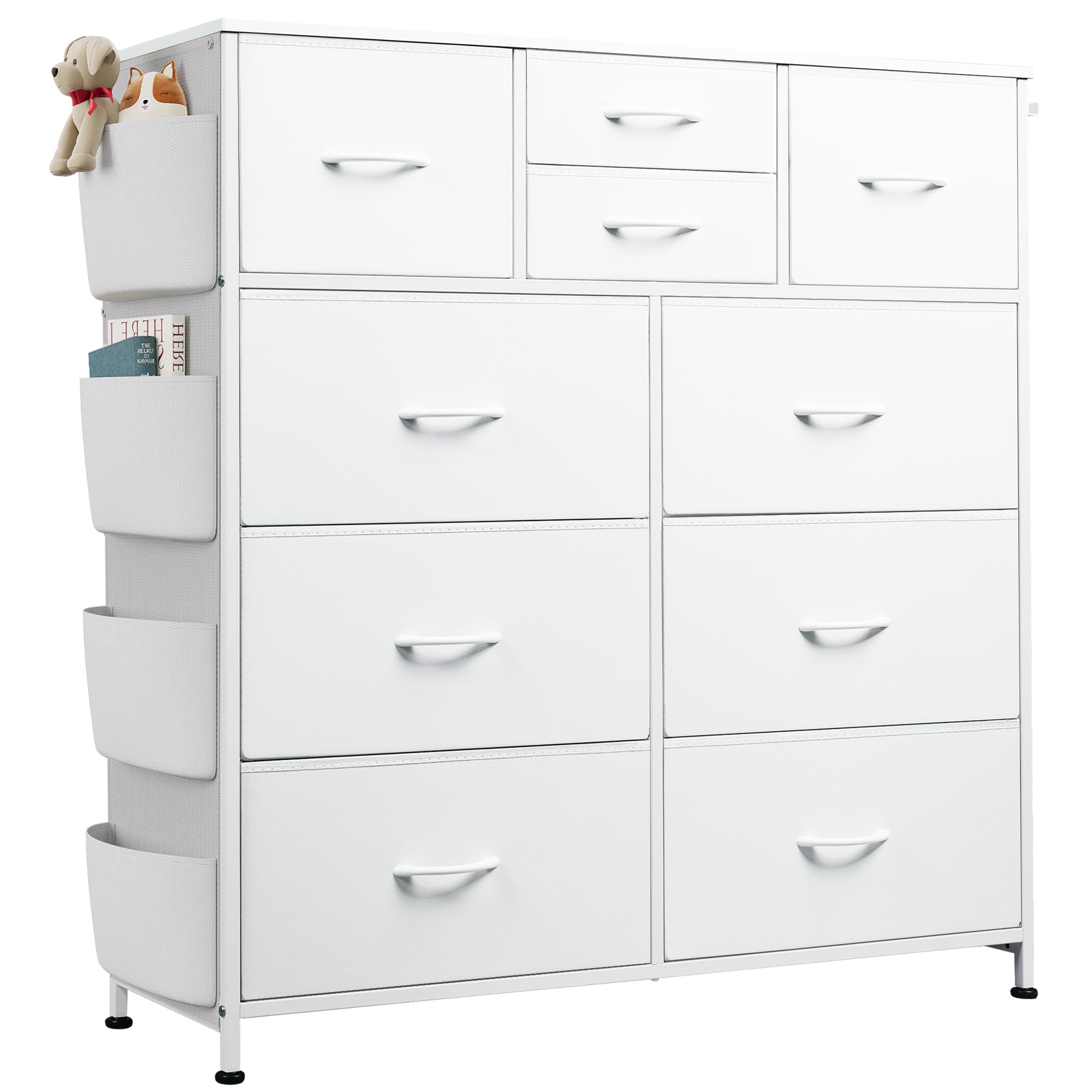 WLIVE White Dresser for Bedroom with 10 Drawers, Chest of Drawers with Side Pockets and Hooks, PU Storage Dresser, Sturdy Metal Frame, Drawers Organizer Unit for Living Room, Hallway, Closet