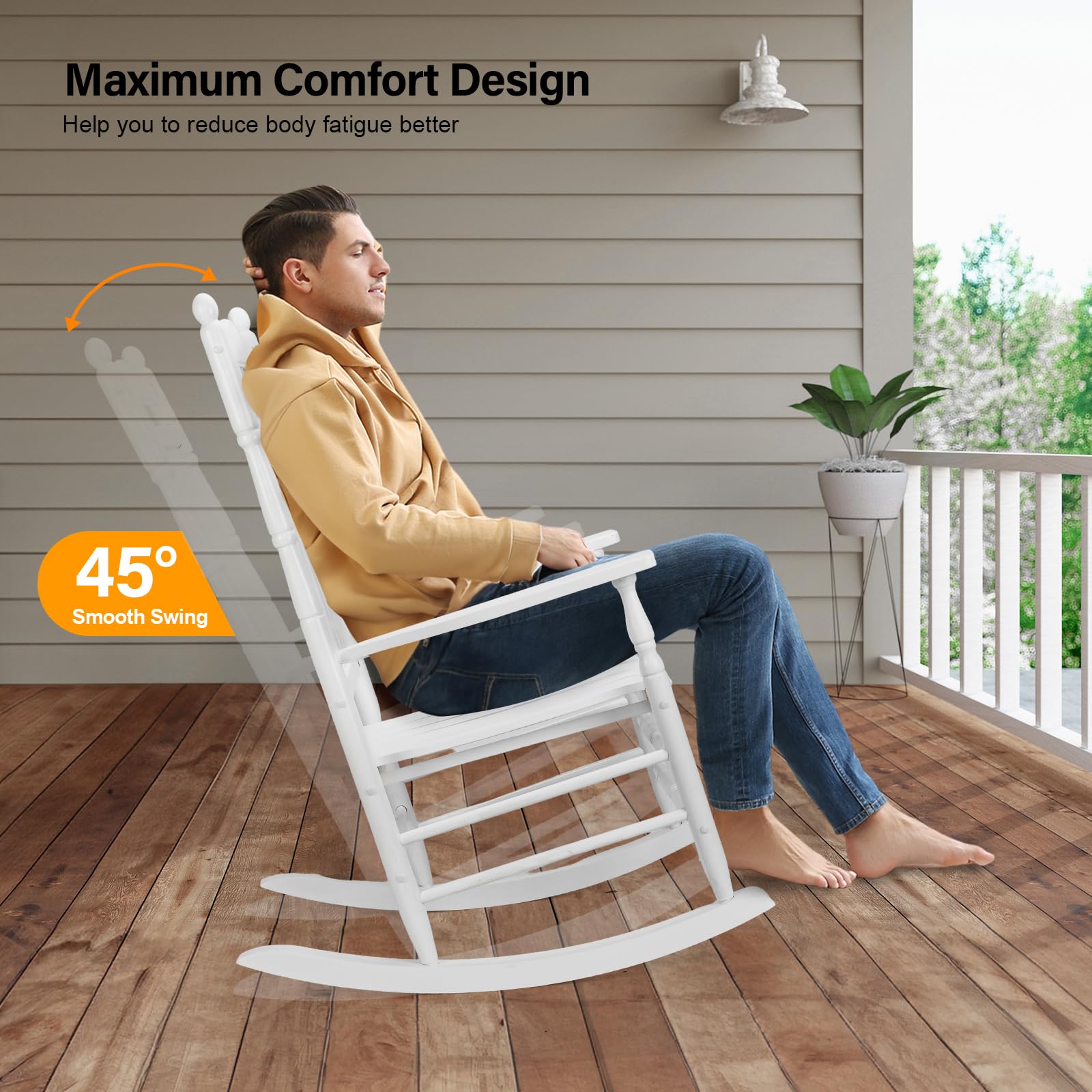 VINGLI Wooden Rocking Chair Outdoor, Patio Rockers with High Back, Support 450 LBS Rocking Chairs, for Porch, Patio, Balcony, Garden, Yard (White, 1 PC)