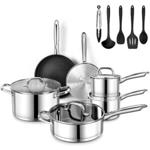 lianyu 15pcs stainless steel cookware set, pots and pans set with utensils, kitchen cooking set included frying pans, saucepans, saute pan and stock pot, works with all stoves, dishwasher & oven safe