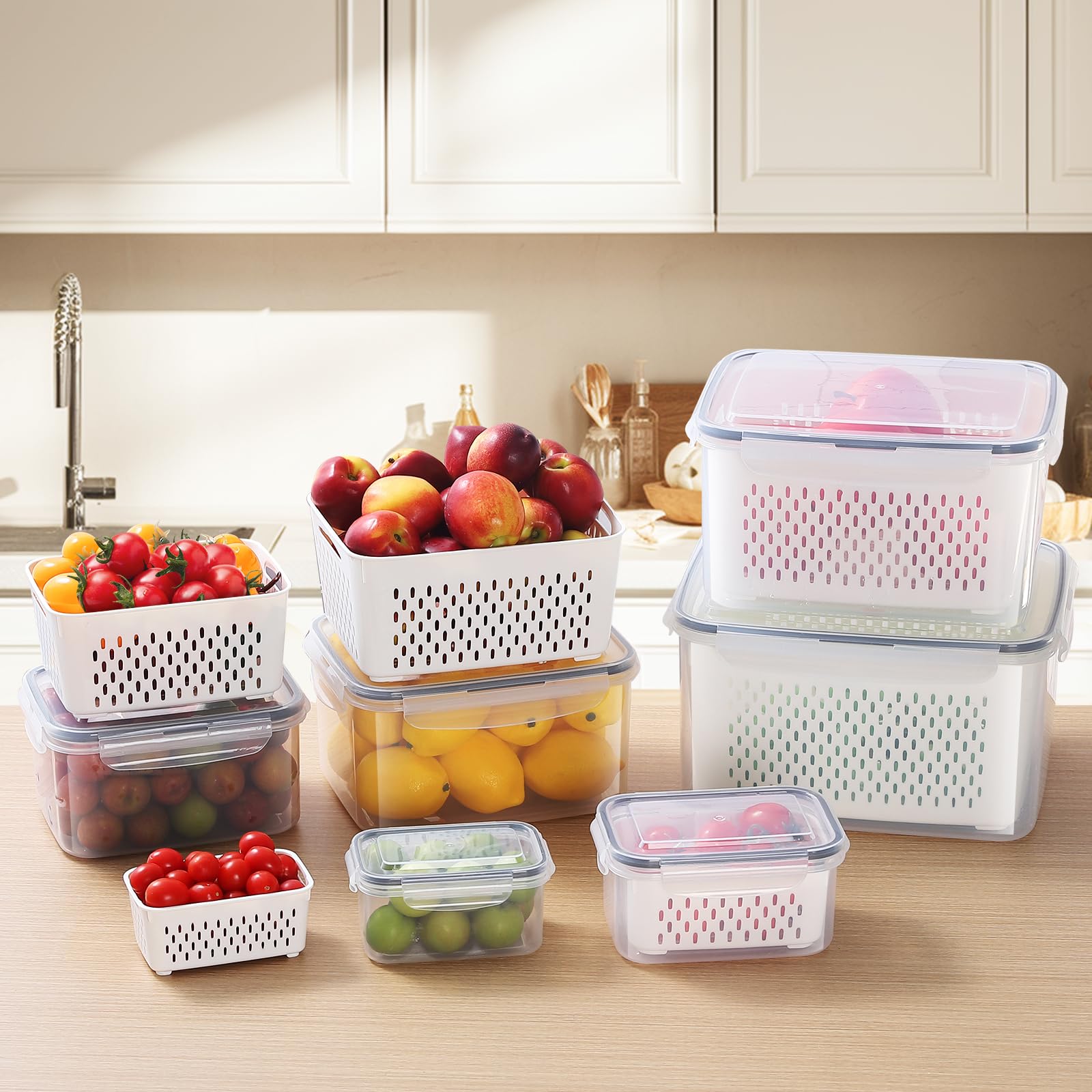 6 Pack Fruit Storage Containers for Fridge with Colander, Food Organizer Container for Keep Vegetables Berries Stay Fresher Longer BPA-Free Dishwasher & Microwave Safe