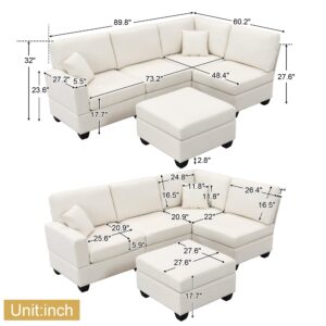 90" Modular Sectional Sofa with Convertible Ottoman, 5 Seats L-Shape Reversible Solid Corner Sofa with 2 Pillows, Linen Modern Sleeper Couch for Living Room, Apartment, Office (Cream White)