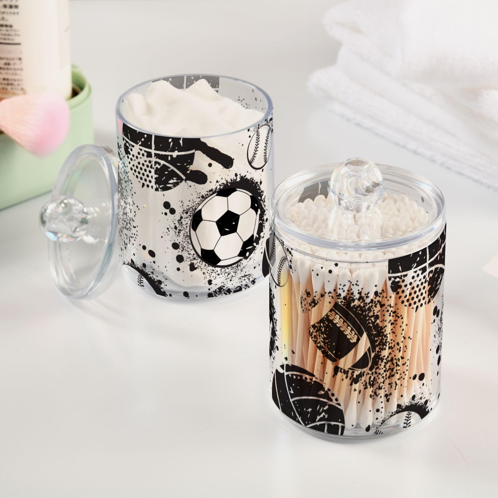 GOODOLD Football Soccer Themed Qtip Holder 2 Pack - 10 Oz Clear Plastic Apothecary Jar Set for Bathroom Organization - Versatile Canister Storage for Cotton Balls, Swabs, Rounds