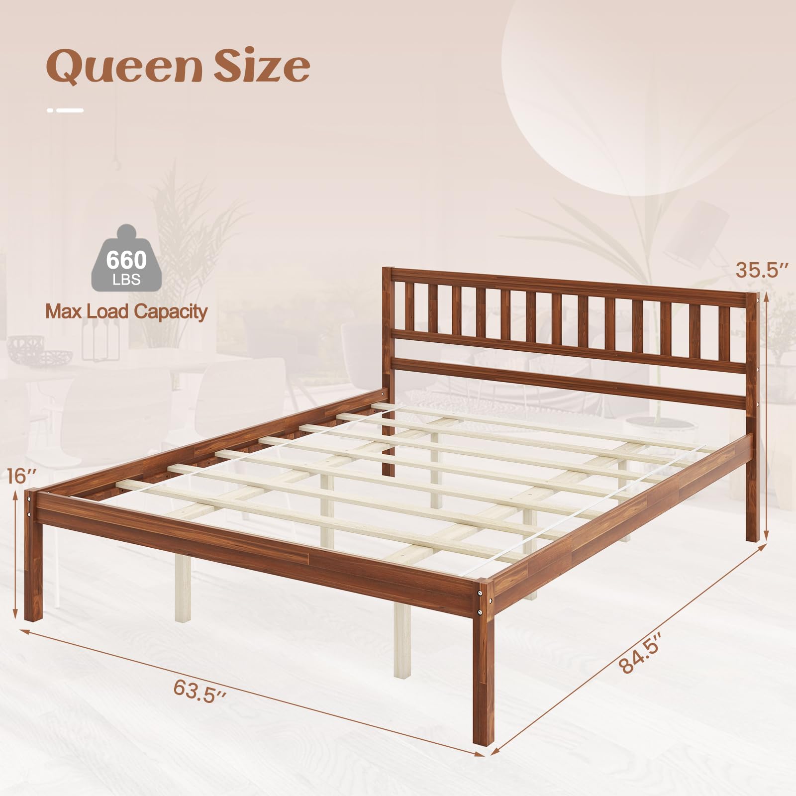 KOMFOTT Queen Size Wood Platform Bed Frame with Headboard, 16-Inch Mid-Century Wooden Bed Frame with Slats Support & 12” Under Bed Storage Space, Retro Mattress Foundation, No Box Spring Needed