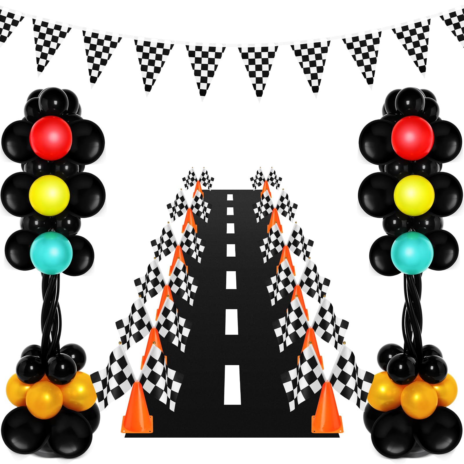 WinnerWhy 179 Pcs Racing Birthday Party Decorations Includes 141 Traffic Lights Balloon Stand Set 12 Traffic Cones 24 Racing Waving Flags 1 Grid String Flags 1 Racetrack Floor Runner