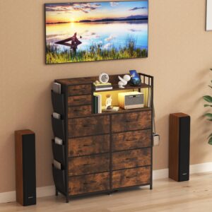 DRAWERHOM 11 Drawers Dresser for Bedroom, Dresser TV Stand with Power Outlets and LED Lights for 55'' TV, Fabric Chest of Drawers with Side Pocket, PU Finish, Sturdy Frame & Wood Top, Rustic Brown