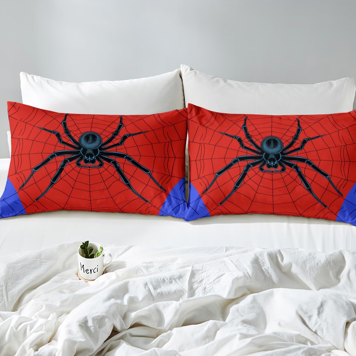 Spider Web Kids Sheet King Size,Black Spider Arachnid Insect Animals Bedding Set,Boys Girls Women Men Room Decor,Happy Halloween Red Blue Fashion Bed Sheet Set 4pcs(Fitted + Flat + 2 Pillowcases)