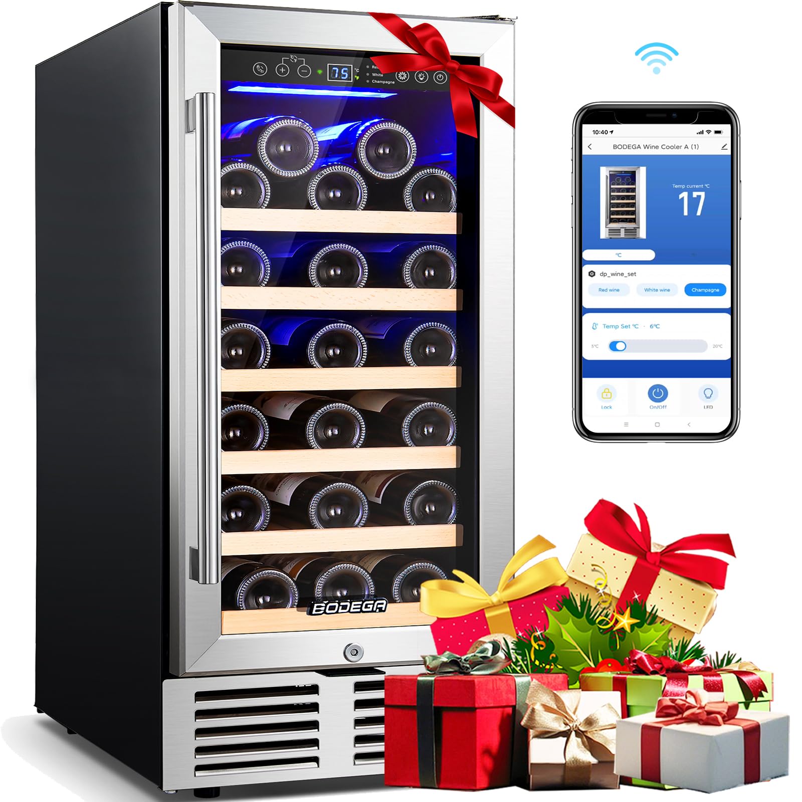 BODEGA Wine Fridge 15 Inch, Wine cooler for Built-In or Freestanding,31 bottles Wine Refrigerator,small Wine Cooler For Home Bedroom Bar, Mini fridge Under Counter With Glass Door, WiFi control.