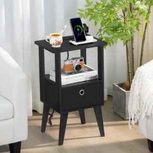 LELELINKY Nightstand with Charging Station,mid Century Modern Night Stand with Fabric Drawer and Open Storage Shelf, Bedside Table with USB Ports and Outlets, Small End Table for Bedroom, Black