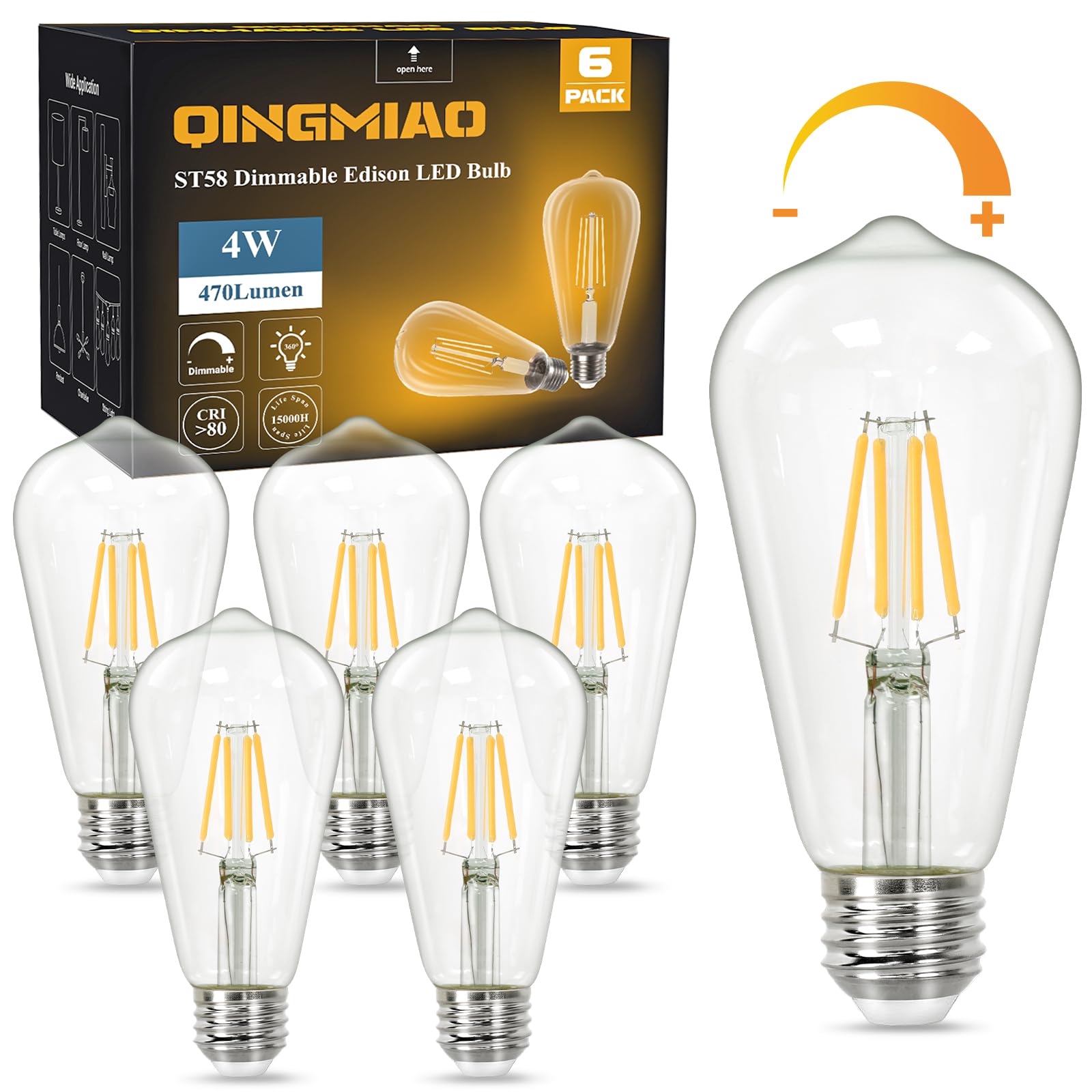 Qingmiao Vintage LED Edison Bulbs, ST58 Dimmable 4W E26 LED Bulb 40W Equivalent, 3000K Soft White Led Light Bulbs, Antique LED Filament Bulbs, CRI 80+, Flicker Free, No Glare, Clear Glass, Pack of 6