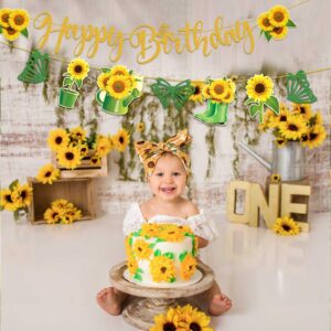 QAMEGX Sunflower Birthday Party Decorations- 2Pcs Rustic Sunflower Bunting Banner with Glitter Butterfly Sun Flower Happy Birthday Banner for Wedding Engagement Bridal Baby Shower Anniversary Graduation Party Supplies