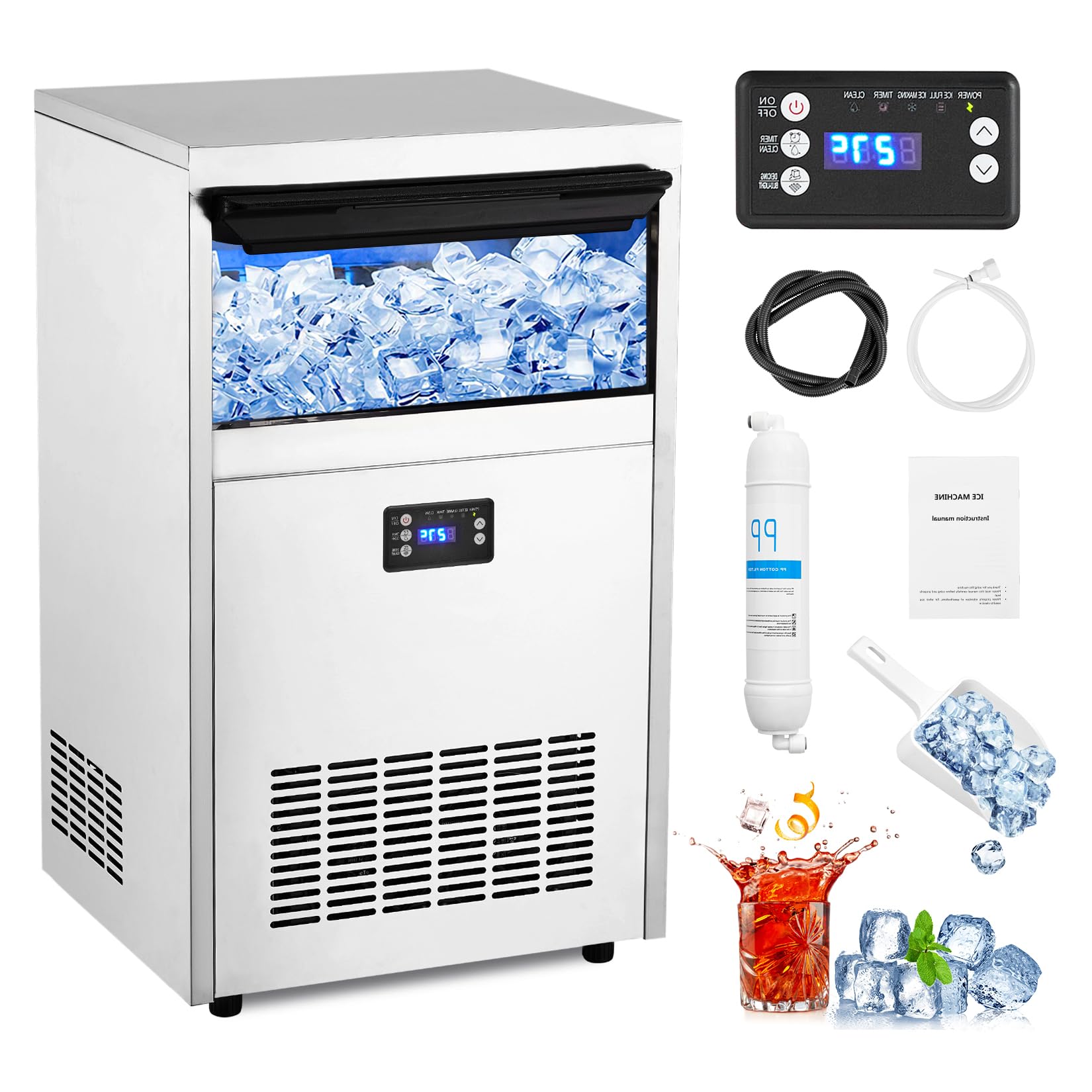 Commercial Ice Maker Machine, 120 lbs/24H with 45 lbs Storage Bin, 0.9 Inch Thick Ice Cubes - Automatic Cleaning, Perfect for Home, Bar