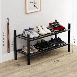 VOPOG Shoe Rack, 2-Tier Bamboo Shoe Rack for Front Door Entrance with Shoe Horn, Stackable Shoe Rack Organizer Shoe Shelf for Entryway, Hallway, Bathroom, and Closet Shoe Organizer - Black