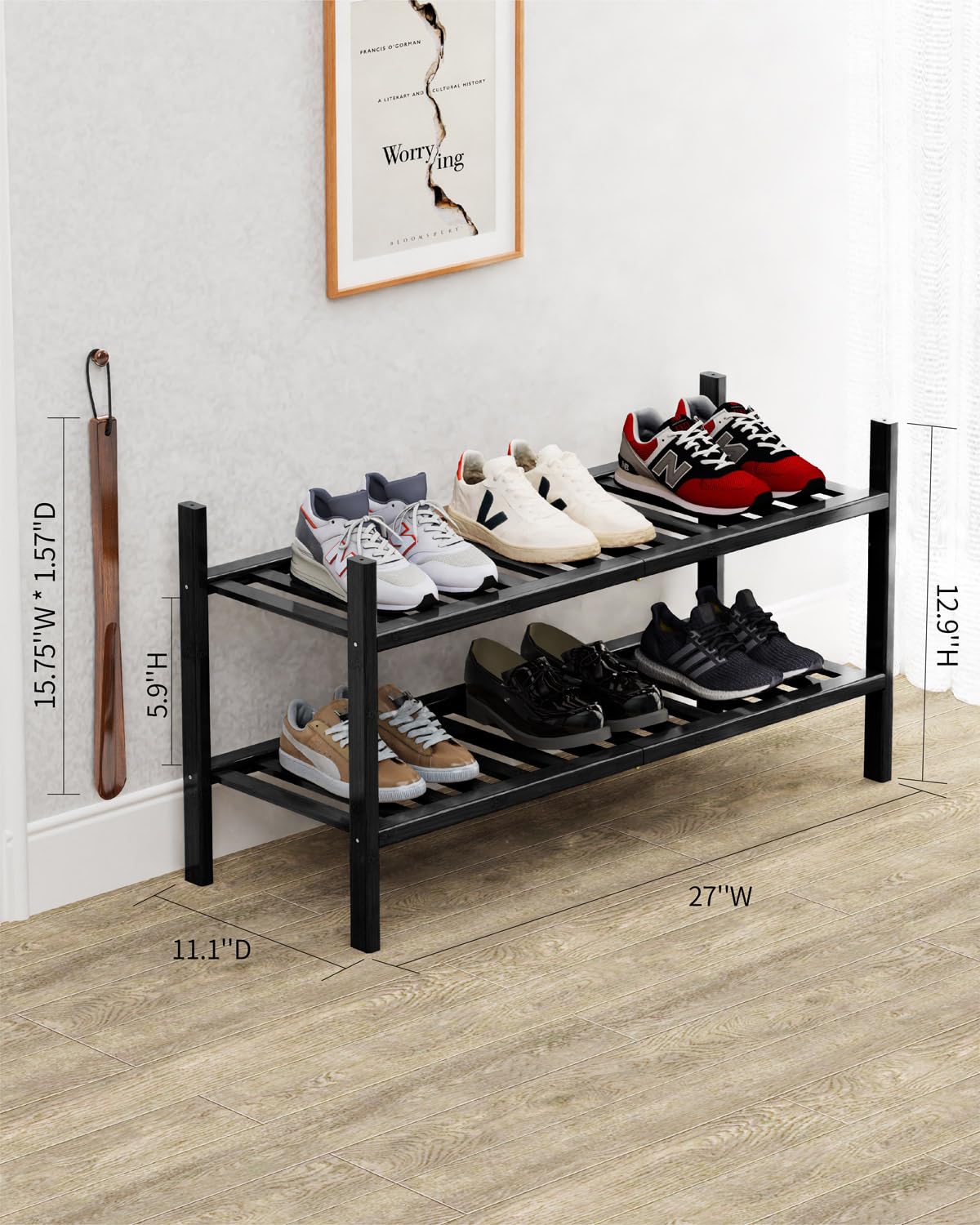 VOPOG Shoe Rack, 2-Tier Bamboo Shoe Rack for Front Door Entrance with Shoe Horn, Stackable Shoe Rack Organizer Shoe Shelf for Entryway, Hallway, Bathroom, and Closet Shoe Organizer - Black