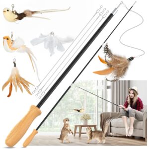 rosaui cat teaser wand toys, interactive bird toys for indoor kittens, 43’’ long cat fishing pole toys, 2pcs wires and 5pcs natural refills, sustainable wooden handles, exercising, playing