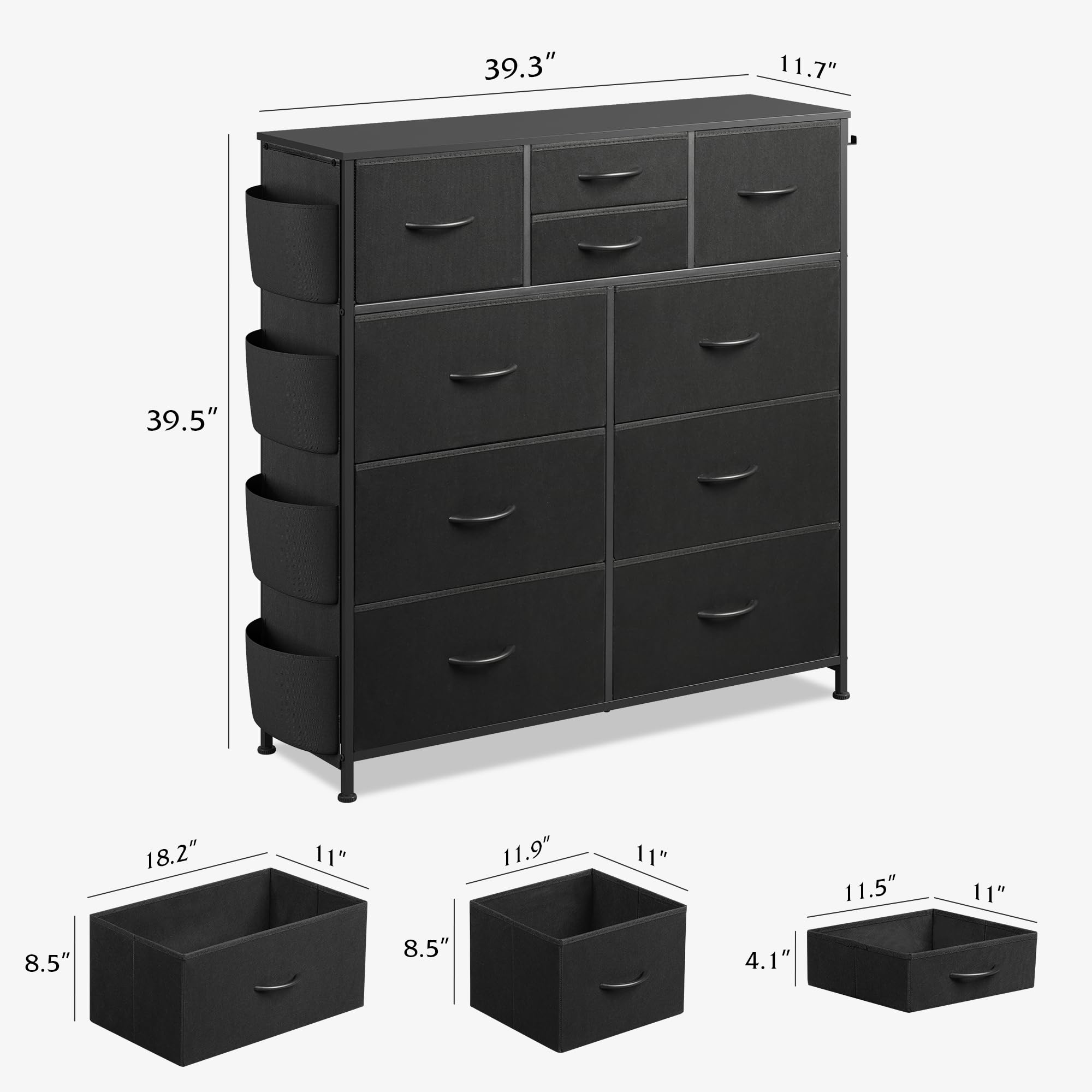 WLIVE Dresser for Bedroom with 10 Drawers, Fabric Dresser Chest of Drawers with Side Pockets and Hooks, Sturdy Metal Frame, Drawers Organizer Unit for Living Room, Hallway, Black