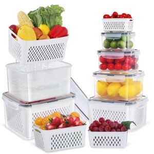 6 pack fruit storage containers for fridge with colander, food organizer container for keep vegetables berries stay fresher longer bpa-free dishwasher & microwave safe