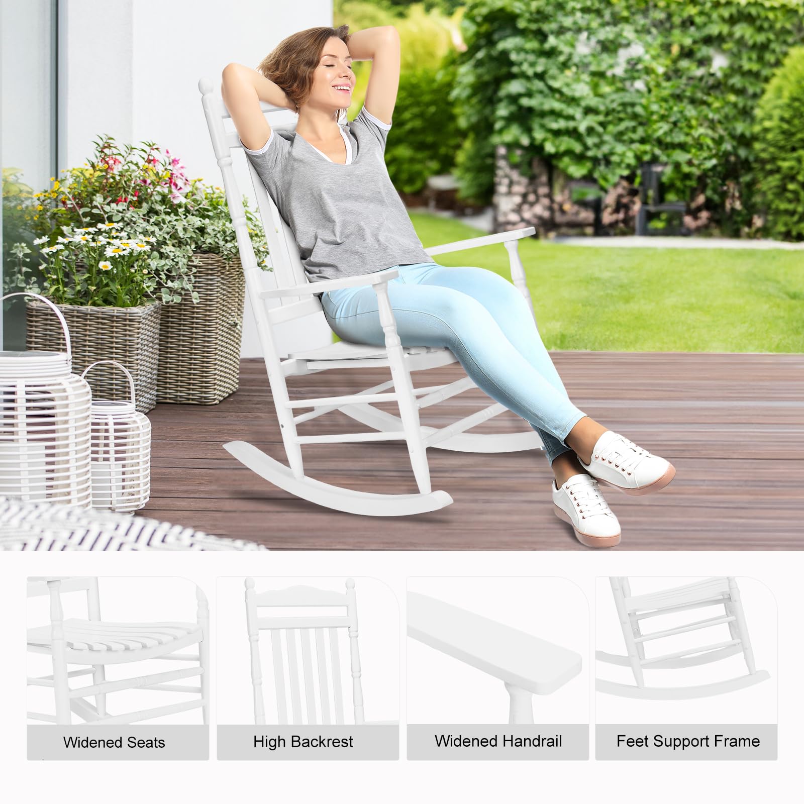 VINGLI Wooden Rocking Chair Outdoor, Patio Rockers with High Back, Support 450 LBS Rocking Chairs, for Porch, Patio, Balcony, Garden, Yard (White, 1 PC)