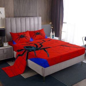 spider web kids sheet king size,black spider arachnid insect animals bedding set,boys girls women men room decor,happy halloween red blue fashion bed sheet set 4pcs(fitted + flat + 2 pillowcases)