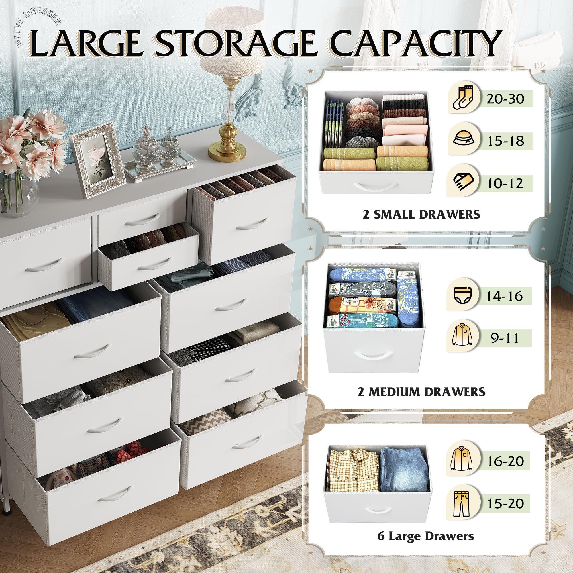 WLIVE White Dresser for Bedroom with 10 Drawers, Chest of Drawers with Side Pockets and Hooks, PU Storage Dresser, Sturdy Metal Frame, Drawers Organizer Unit for Living Room, Hallway, Closet