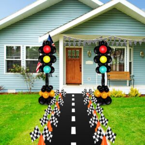 WinnerWhy 179 Pcs Racing Birthday Party Decorations Includes 141 Traffic Lights Balloon Stand Set 12 Traffic Cones 24 Racing Waving Flags 1 Grid String Flags 1 Racetrack Floor Runner