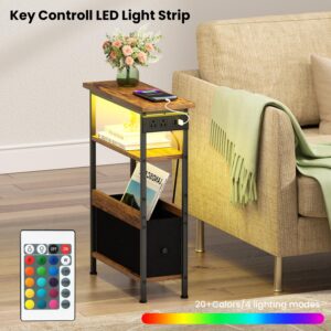 Narrow Side Table with Charging Station and LED Light, End Table with 1 Fabric Drawer, Skinny Nightstand with USB Ports and Outlets, Slim Bedside Table for Bedroom, Living Room, Rustic Brown