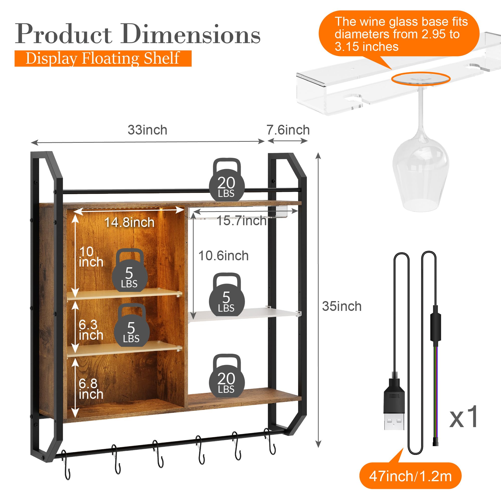 Sttoraboks Gaming Floating Shelves Glass Holder LED Wall Mounted Shelf with Adjustable Acrylic Pipe Shelving Modern Display Storage Rack Bookshelf with 6 S-Hooks for Living Room Wine Coffee Bar Décor