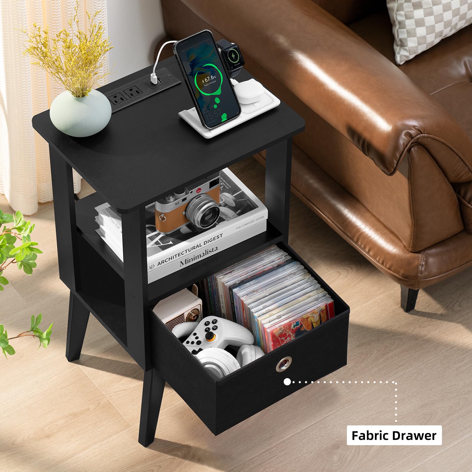 LELELINKY Nightstand with Charging Station,mid Century Modern Night Stand with Fabric Drawer and Open Storage Shelf, Bedside Table with USB Ports and Outlets, Small End Table for Bedroom, Black