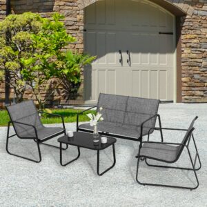 PIZZELLO 4 Pieces Patio Furniture Set Outdoor Garden Patio Conversation Sets with 2 Porch Chairs, Loveseat and Glass Coffee Table, Textilene Bistro Set (Black and Grey)