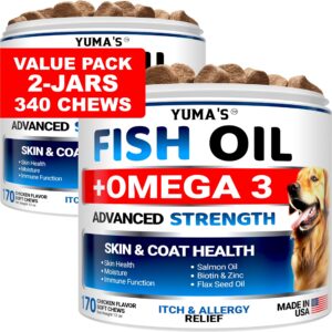 (2 pack) omega 3 fish oil for dogs - 170 chews - skin and coat supplement - omega 3 for dogs - dry & itchy skin relief treatment - allergy support dog anti shedding treats - salmon - chicken flavor