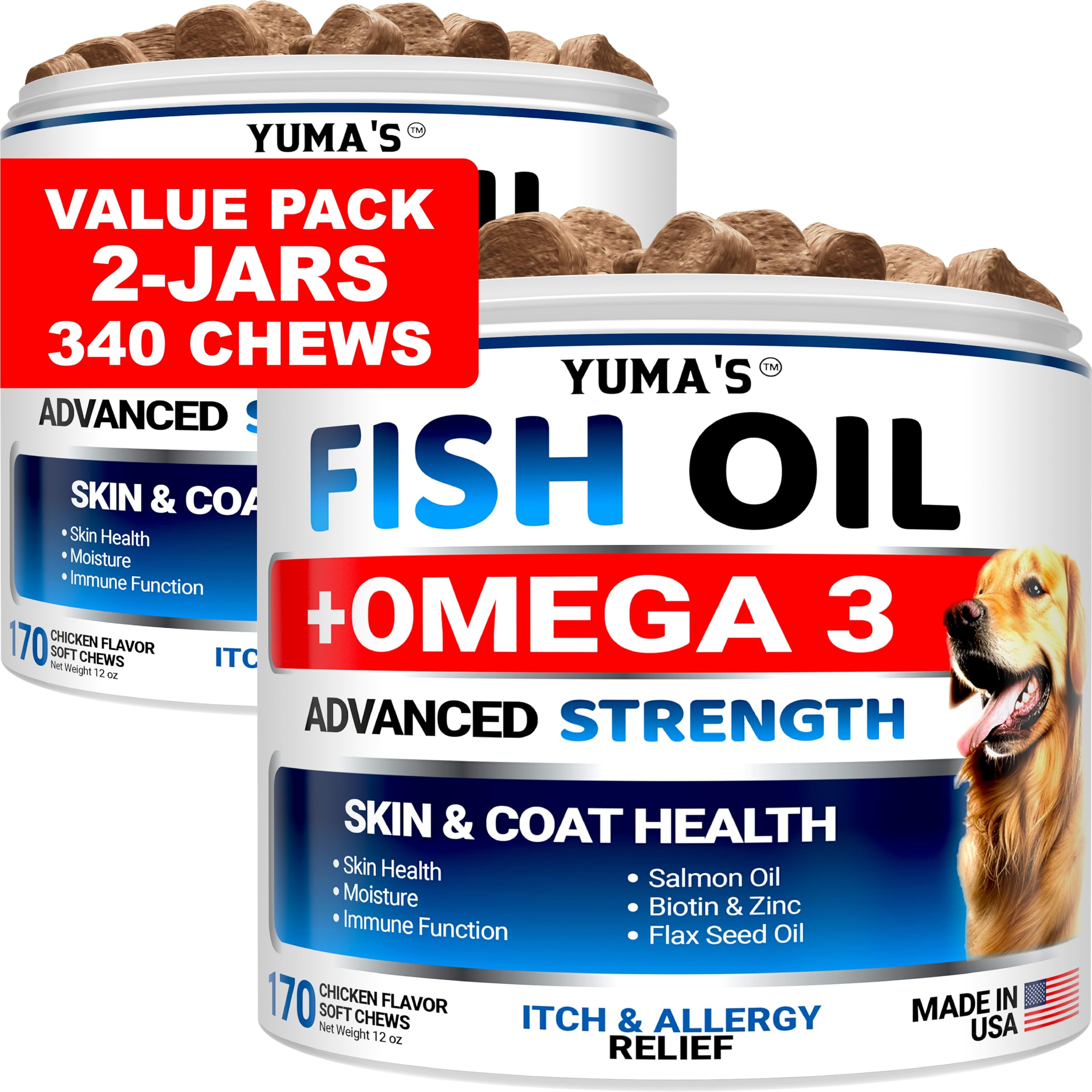 (2 Pack) Omega 3 Fish Oil for Dogs - 170 Chews - Skin and Coat Supplement - Omega 3 for Dogs - Dry & Itchy Skin Relief Treatment - Allergy Support Dog Anti Shedding Treats - Salmon - Chicken Flavor