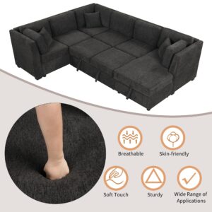 HABITRIO Sectional Sofa Bed with Storage Chaise, U Shaped Sectional Sofa with 3 Back Pillows, Pull Out Sofa Bed with 2 USB Ports for Living Room, Home, Office (Black)