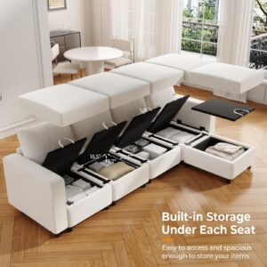 VINGLI 108" U-Shaped Storage Modular Sectional Sofa Sleeper in USB Built-in Charger, Convertible Couch Bed with High-Resilience Foam, 4 Deep Seaters Module/2 Ottomans(Chaises),Chenille/Cream White