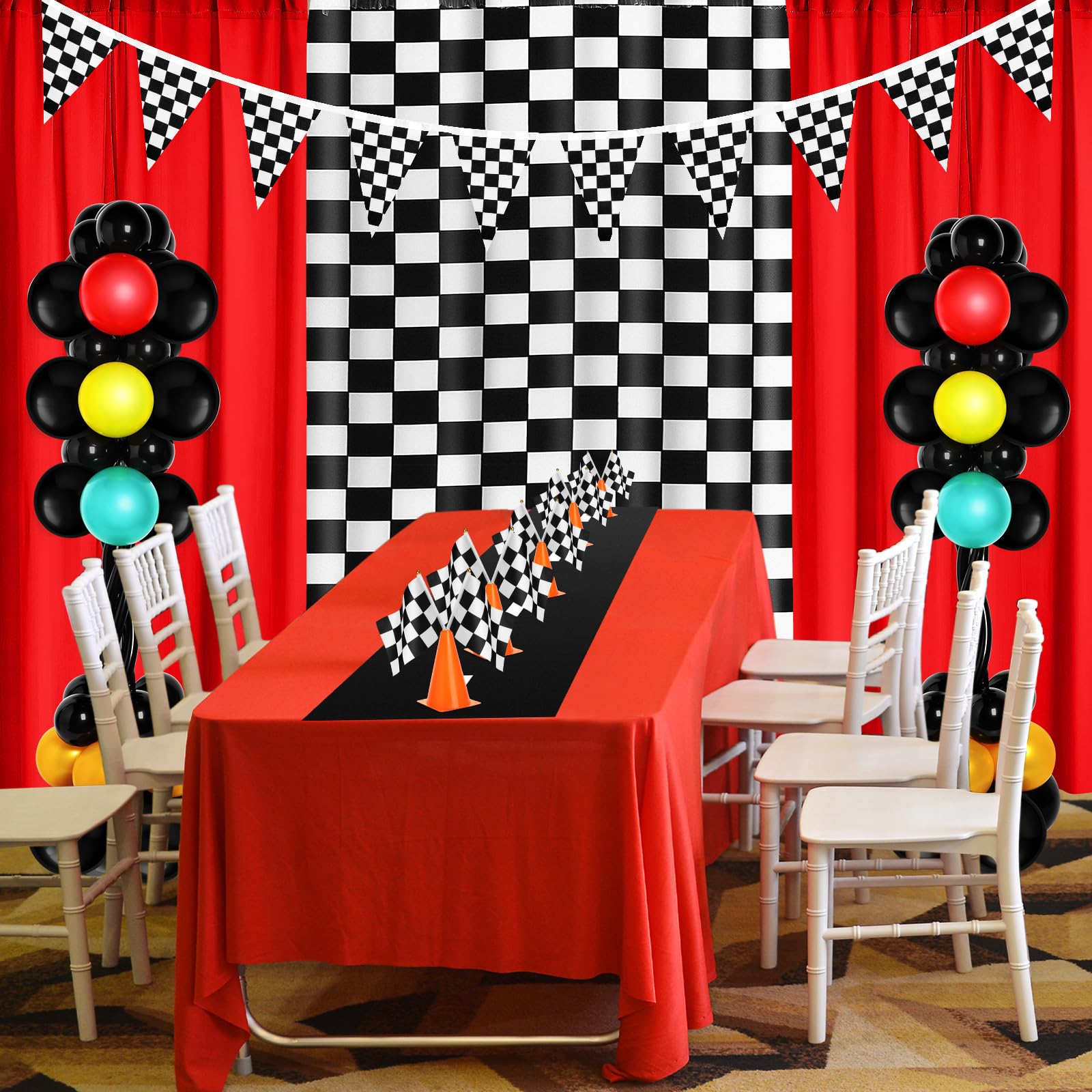 WinnerWhy 179 Pcs Racing Birthday Party Decorations Includes 141 Traffic Lights Balloon Stand Set 12 Traffic Cones 24 Racing Waving Flags 1 Grid String Flags 1 Racetrack Floor Runner