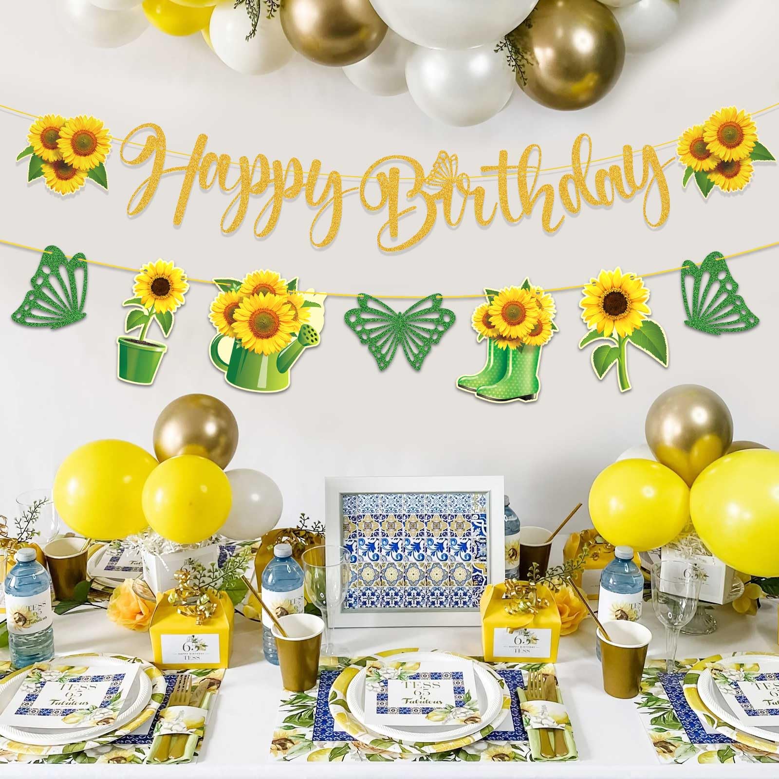 QAMEGX Sunflower Birthday Party Decorations- 2Pcs Rustic Sunflower Bunting Banner with Glitter Butterfly Sun Flower Happy Birthday Banner for Wedding Engagement Bridal Baby Shower Anniversary Graduation Party Supplies