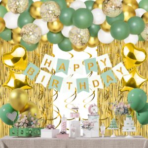 Sage Green Birthday Party Decorations, Balloon Garland Arch Kit, Happy Birthday Banner, Shiny Fringe Curtain, Heart Star Foil Balloons, Hanging Swirls, Baby Shower Birthday Party Supplies