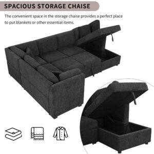 HABITRIO Sectional Sofa Bed with Storage Chaise, U Shaped Sectional Sofa with 3 Back Pillows, Pull Out Sofa Bed with 2 USB Ports for Living Room, Home, Office (Black)