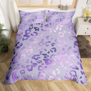 purple glitter leopard duvet cover queen size,cheetah skin comforter cover with 2 pillowcase for teens,kids marble abstract art bedding set,purple leopard breathable 3 pieces decorative bed cover