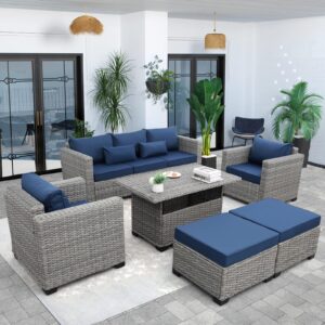 rattaner patio furniture set 6 pieces outdoor furniture set outdoor couch coffee table with storage non-slip cushions and waterproof covers, navy blue