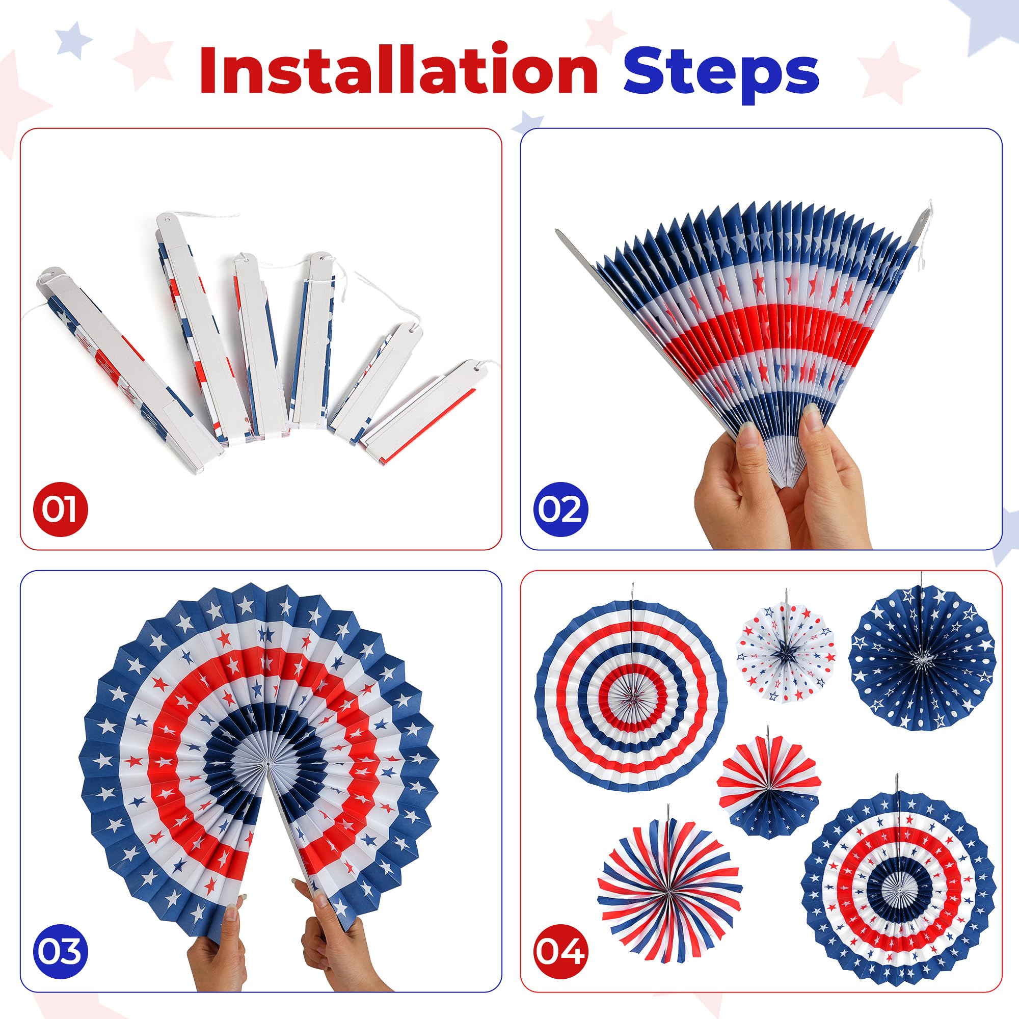 HOOSUN 4th of July Decorations Set, 9 Pcs Red White and Blue Paper Fans Patriotic Decor, USA Pennant Bunting,Star Streamers,Patriotic Tablecloth for Fourth of July Party Supplies, Memorial Day Decor