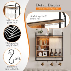 Sttoraboks Gaming Floating Shelves Glass Holder LED Wall Mounted Shelf with Adjustable Acrylic Pipe Shelving Modern Display Storage Rack Bookshelf with 6 S-Hooks for Living Room Wine Coffee Bar Décor