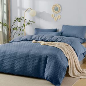 JELLYMONI Blue Duvet Cover Twin Size - 3 Pieces Soft and Breathable Microfiber Knitted Jacquard Waffle Weave Striped Comforter Cover with 8 Corner Ties & Zipper Closure