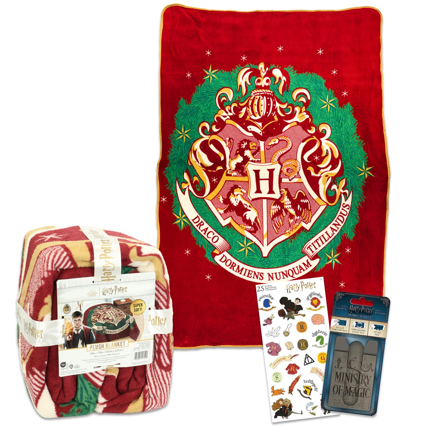 Harry Potter Holiday Blanket Set - Bundle of a 60x90 Soft Wizard Blanket Plus Stickers and Mobile Wallet | Harry Potter Christmas Blankets and Throws