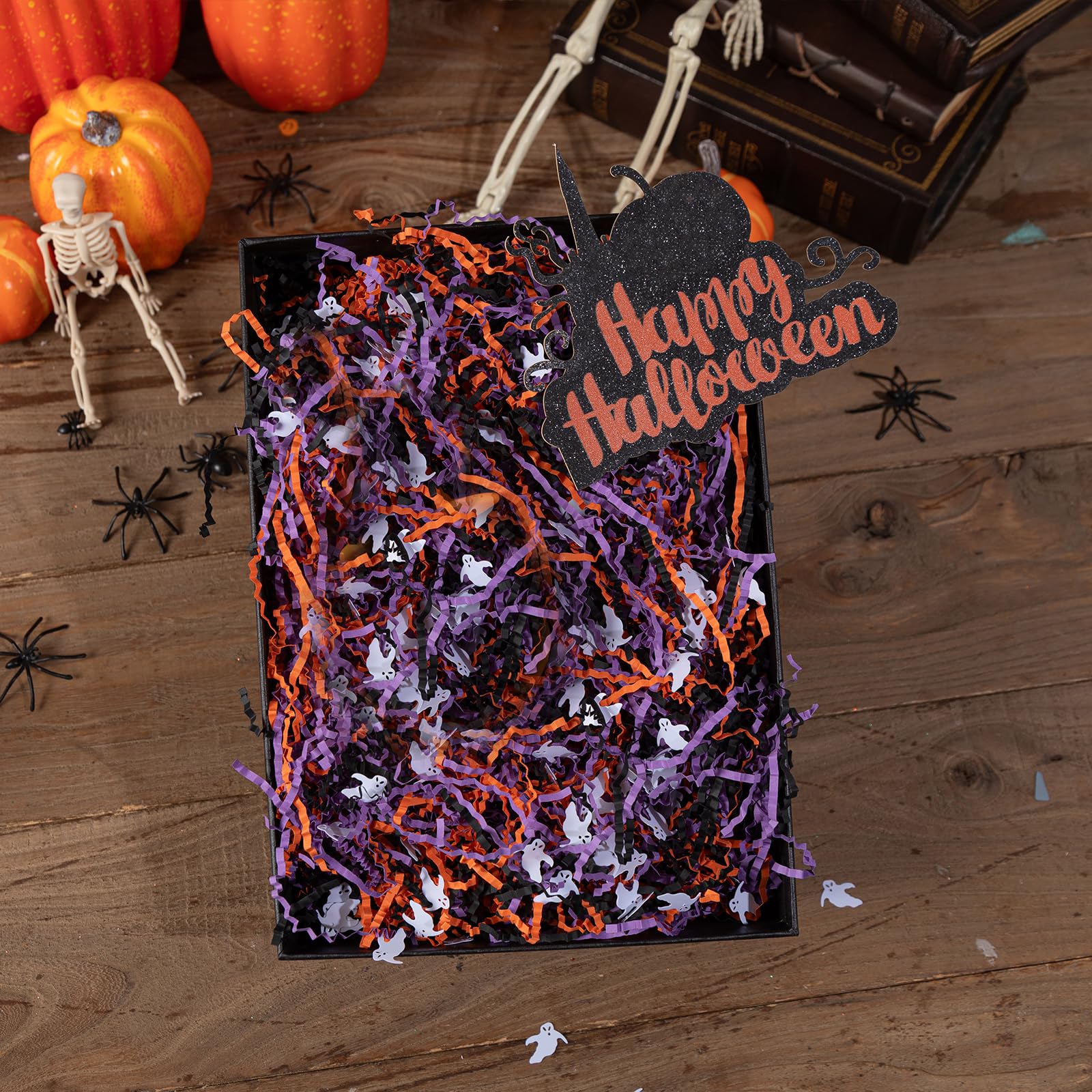 Jocomoni 12.3oz Halloween Crinkle Cut Paper Sherd Filler Black Orange Purple Crinkle Cut Paper with Ghost Confetti for Halloween Party Supply