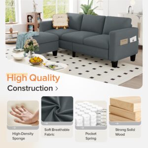 ZeeFu Convertible Sectional Sofa Couch,Classic 3 Seat L-Shaped Sofa with Movable Ottoman, Modern Dark Grey Velvet Fabric Upholstered Small Sectional Sofa Couch for Small Apartment Living Room Office