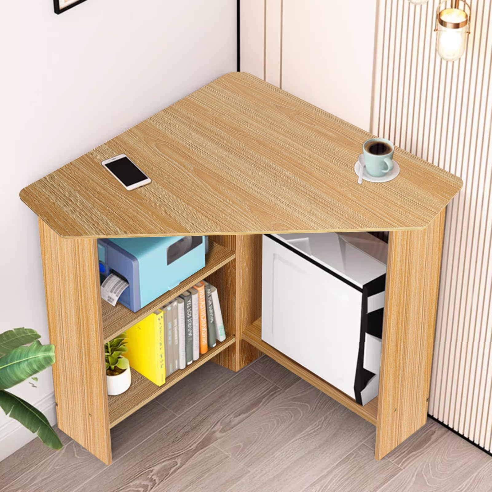 HEVIRGO Corner Desk,90 Degrees Triangle Computer Desk,Bedroom Makeup Vanity Desk,Desk with Drawers and Open Shelves,Small Space Industrial Desk for Home Office,Workstation,Living Room Light Brown