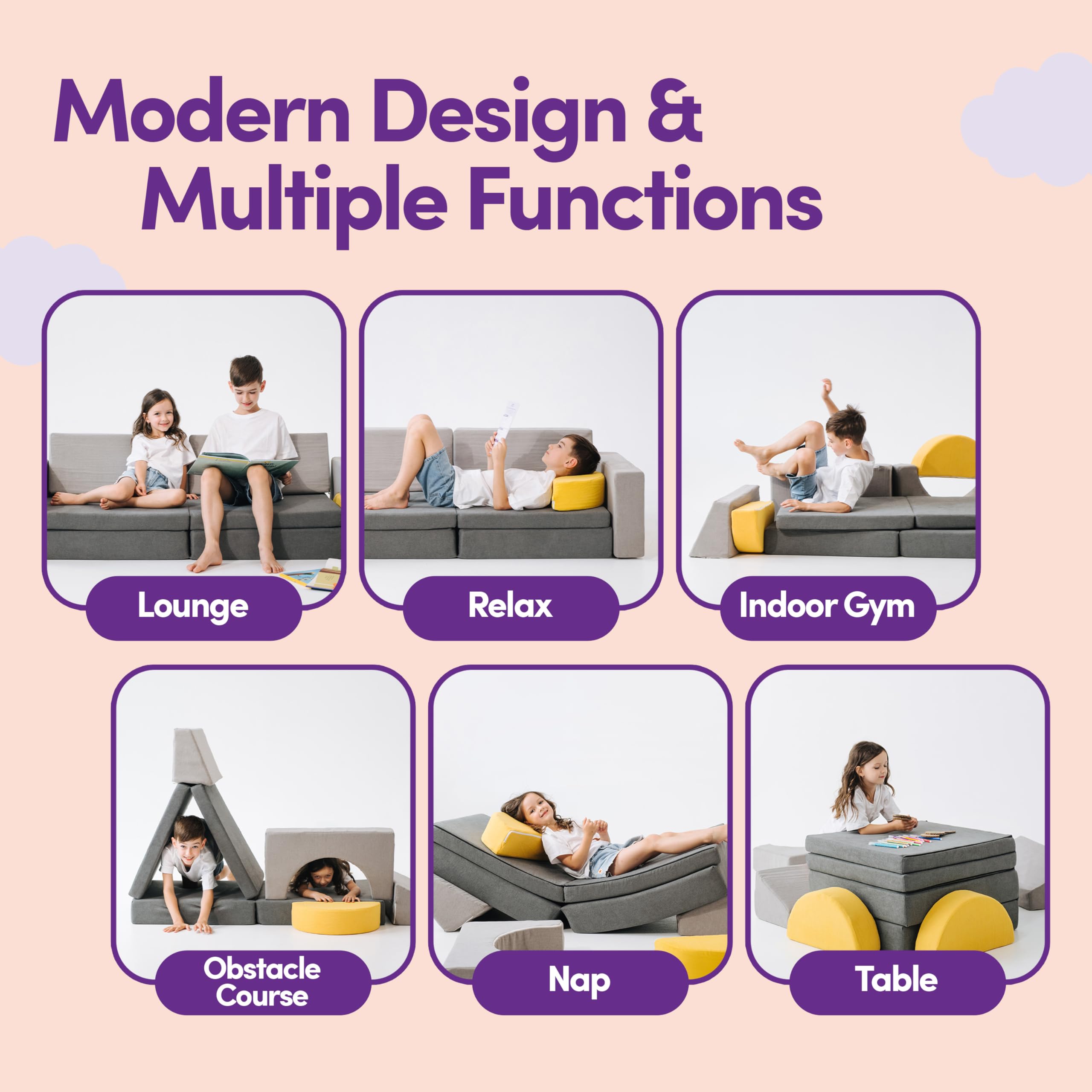 ComfyBumpy Modular Kids Couch | Sectional Kids Sofa for Girls and Boys Playroom - Foldable Toddler Couch Convertible Play Set - Fortplay and Bedroom Furniture for Toddlers | 8-Pieces