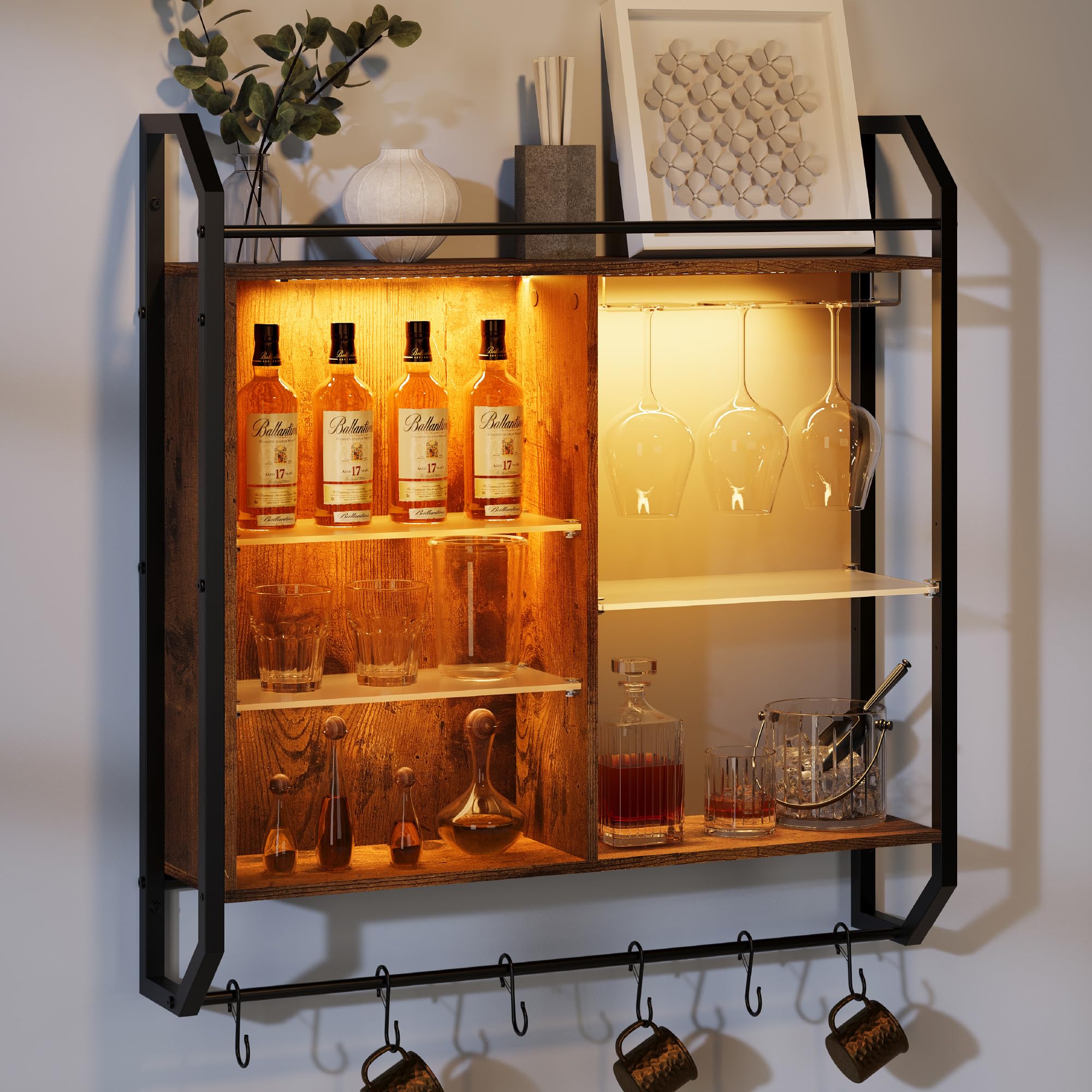 Sttoraboks Gaming Floating Shelves Glass Holder LED Wall Mounted Shelf with Adjustable Acrylic Pipe Shelving Modern Display Storage Rack Bookshelf with 6 S-Hooks for Living Room Wine Coffee Bar Décor