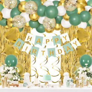 sage green birthday party decorations, balloon garland arch kit, happy birthday banner, shiny fringe curtain, heart star foil balloons, hanging swirls, baby shower birthday party supplies